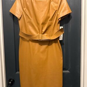 Calvin Klein Short Sleeve Faux Leather Belted Sheath Dress